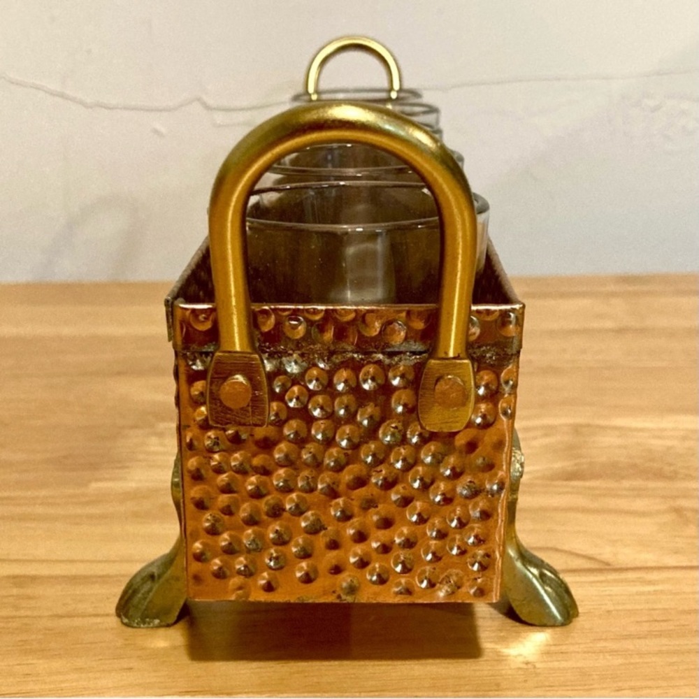 Hammered Metal Footed Container with 5 Glass Votive Holders Used Copper Colored - Picture 8 of 15
